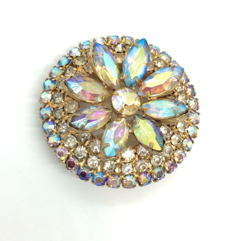 VINTAGE JULIANA AB Aurora Borealis Rhinestone Round Circle Brooch Pin Gold Tone